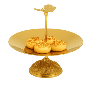 Altın renkli kelebek kulplu tatlı sunum standı