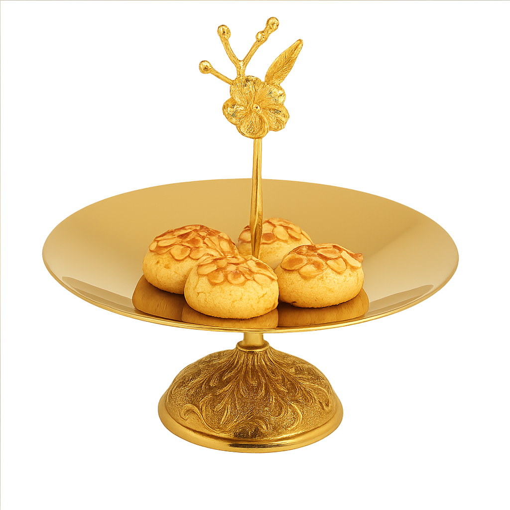 Altın renkli tomurcuk kulplu tatlı sunum standı