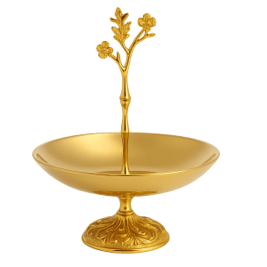 Altın renkli çiçek kulplu tatlı sunum standı