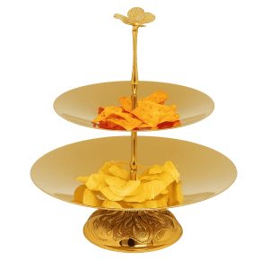 Altın renkli iki katlı kelebek kulplu tatlı standı