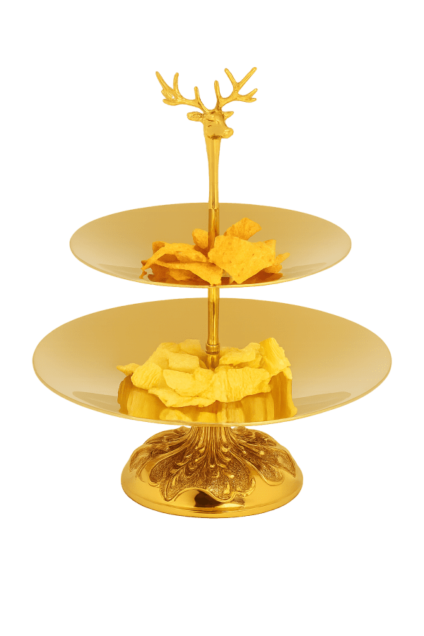 Altın renkli iki katlı geyik kulplu tatlı sunum standı