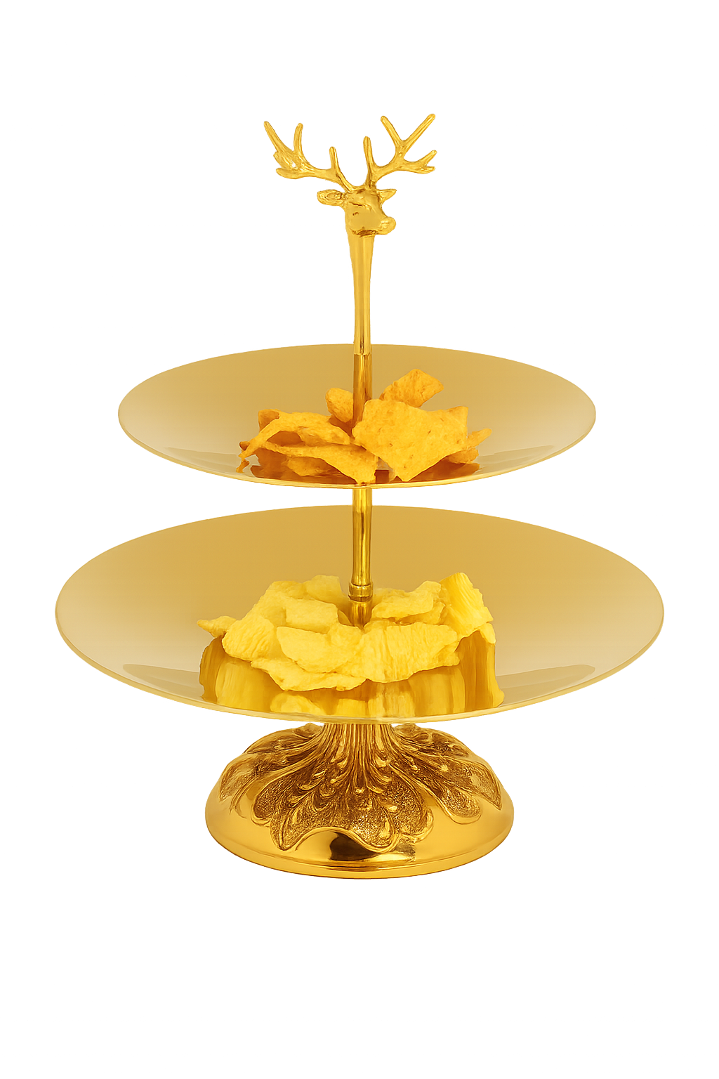 Altın renkli iki katlı geyik kulplu tatlı sunum standı