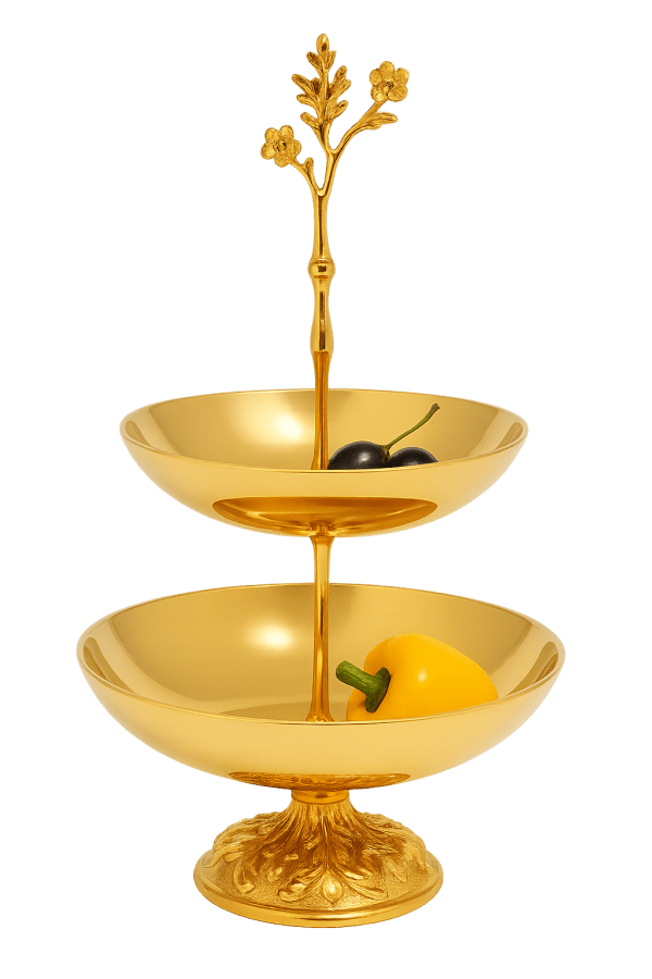 Altın renkli iki katlı çiçek kulplu tatlı standı