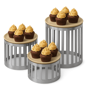 Yuvarlak linea yükseltici, çizgisel tasarımlı metal sunum standı