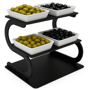 2 katlı siyah statik metal etajer, porselen kase yuvalı sunum standı