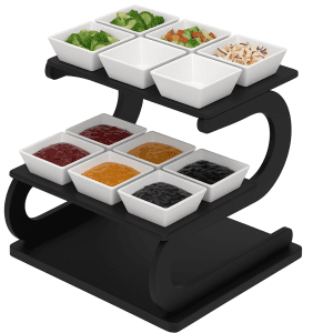 2 katlı siyah statik metal etajer, 12 yuvalı porselen kase standı