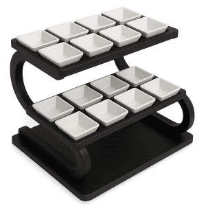 2 katlı siyah statik metal etajer, 16 yuvalı porselen kase sunum standı