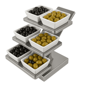 3 katlı metal etajer, 6 porselen kase yuvalı sunum standı