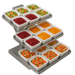 3 katlı metal etajer, 18 porselen kase yuvalı sunum standı