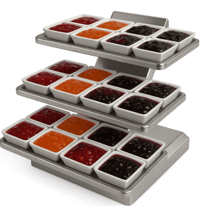 3 katlı metal etajer, 24 porselen kase yuvalı sunum standı