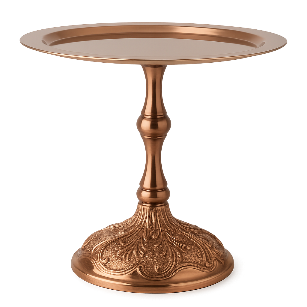 İşlemeli ayaklı bakır renkli ve düz ayaklı gümüş renkli metal pasta sunum standı