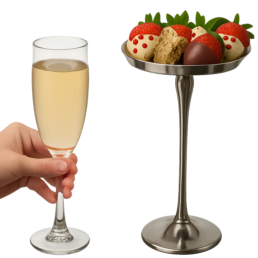 İşlemeli ayaklı bakır renkli ve düz ayaklı gümüş renkli metal pasta sunum standı