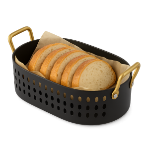 Siyah statik boyalı oval formlu metal ekmek ve servis sepeti