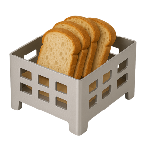 Mat metalik gri kaplamalı kare ızgara desenli ayaklı metal ekmek sepeti