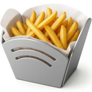 Kavisli lazer kesim desenli gri metal patates kızartması ve atıştırmalık sunum sepeti