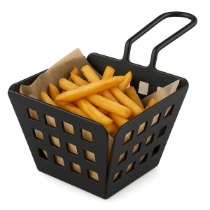 Siyah statik boyalı kare delikli kulplu metal patates kızartması sunum sepeti