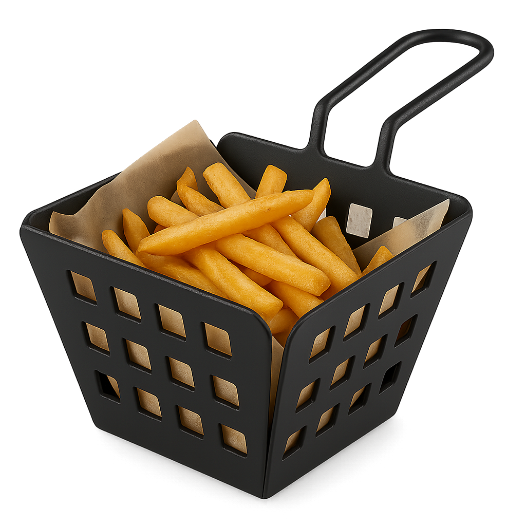 Siyah statik boyalı kare delikli kulplu metal patates kızartması sunum sepeti