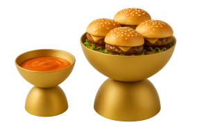 Gold renkli ayaklı metal sunum kasesi içinde mini burger ve sos sunumu