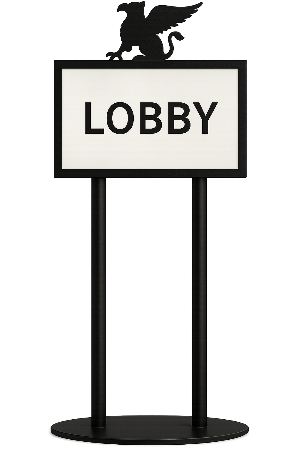 Siyah metal yönlendirme panosu ve gold renkli çapraz ayaklı çanta askılık standı