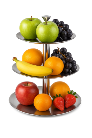 3 katlı ve 2 katlı seçenekleri bulunan parlak metal meyve ve ikramlık sunum standı