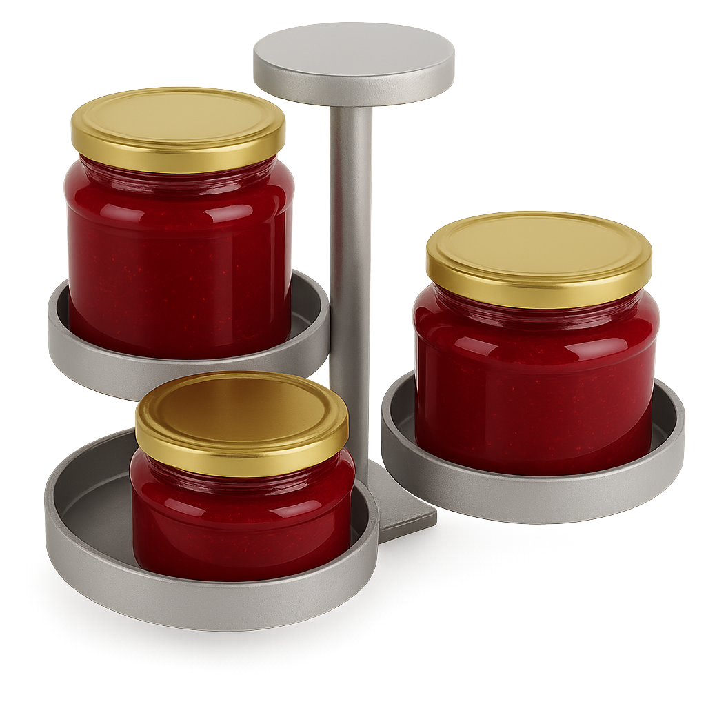 Mini cam kavanozlar için dikey döner ve yatay basamaklı metal bal ve reçel sunum standı