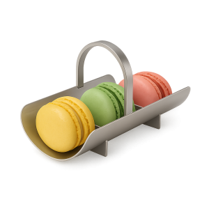 Kulplu ve bölmeli mat gri metal makaron ve kurabiye sunum standı