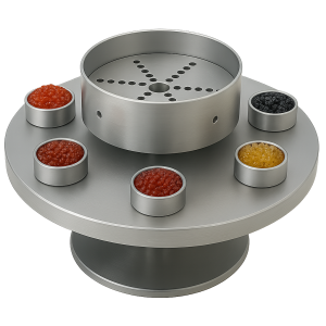 yuvarlak tabanlı ve buz hazneli metal havyar ve deniz ürünleri tadım standı