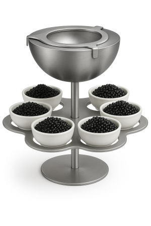 Buz hazneli ve 6 sosluk yuvalı metal havyar ve tadım sunum standı