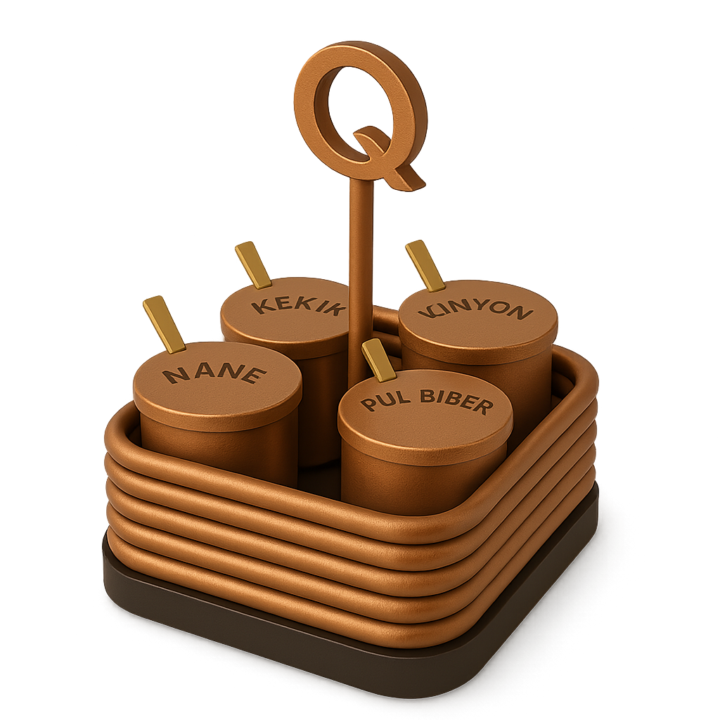 Bakır sarmal telli ve siyah tabanlı 4 bölmeli metal masaüstü baharat seti