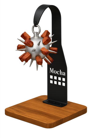 Ahşap tabanlı siyah metal gövdeli ve çivili küreli et tavuk asma sunum standı