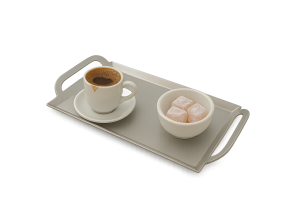 Yuvarlak kulplu mat gri dikdörtgen metal kahve ve çay sunum tepsisi