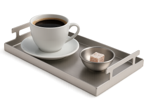 Dikdörtgen kesim kulplu mat gri metal kahve ve çay sunum tepsisi