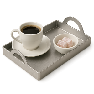 Yarım daire kulplu mat gri metal dikdörtgen kahve sunum tepsisi