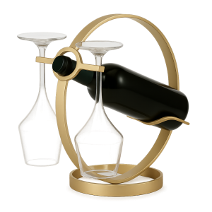 Bir şişe ve iki kadeh tutan dairesel gold metal şarap sunum standı
