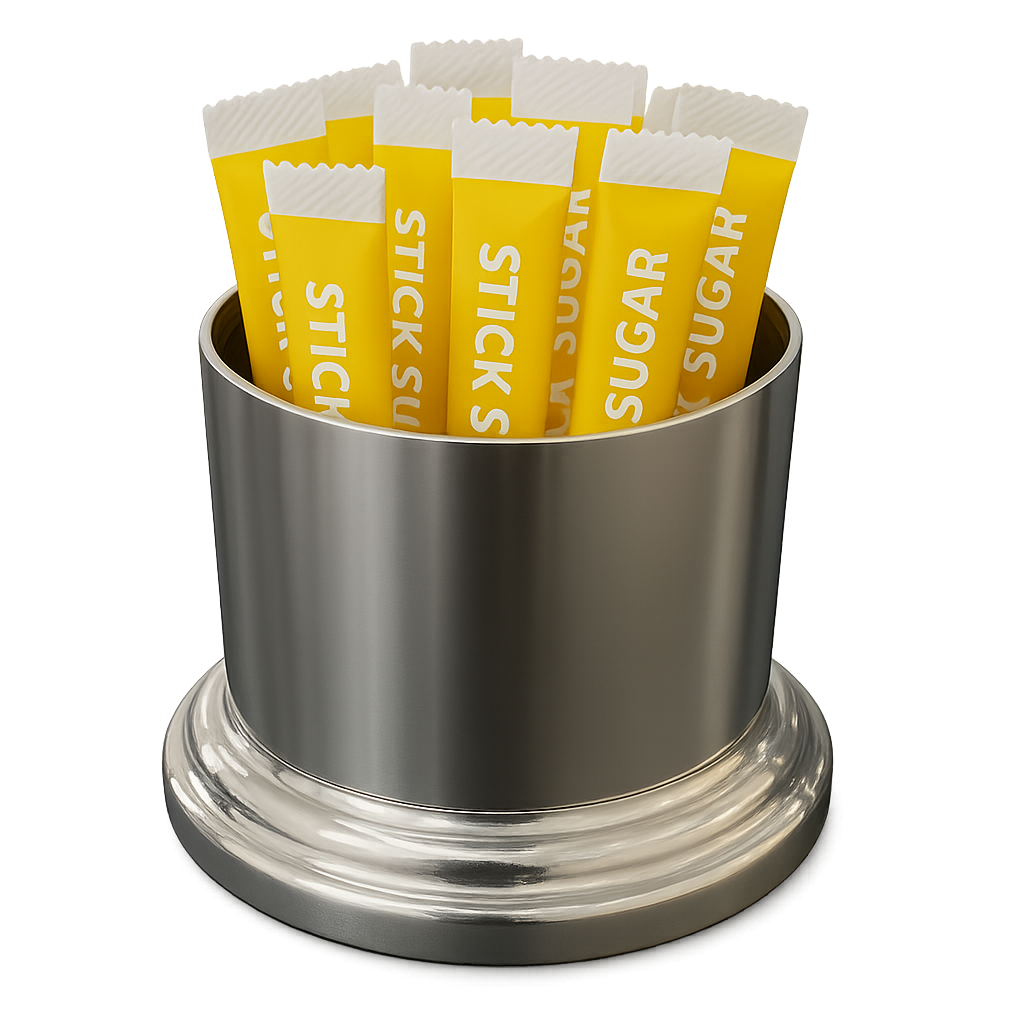 Mat metalik gövdeli ve parlak tabanlı silindir masaüstü stick şekerlik